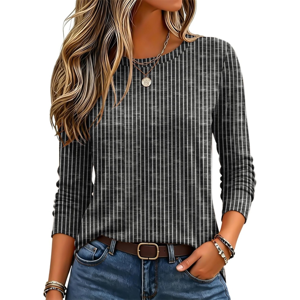image:imageZeagoo Womens Casual Shirts Long Sleeve Tops Crewneck Tshirts Fall ClothesZ Stripes Black 400