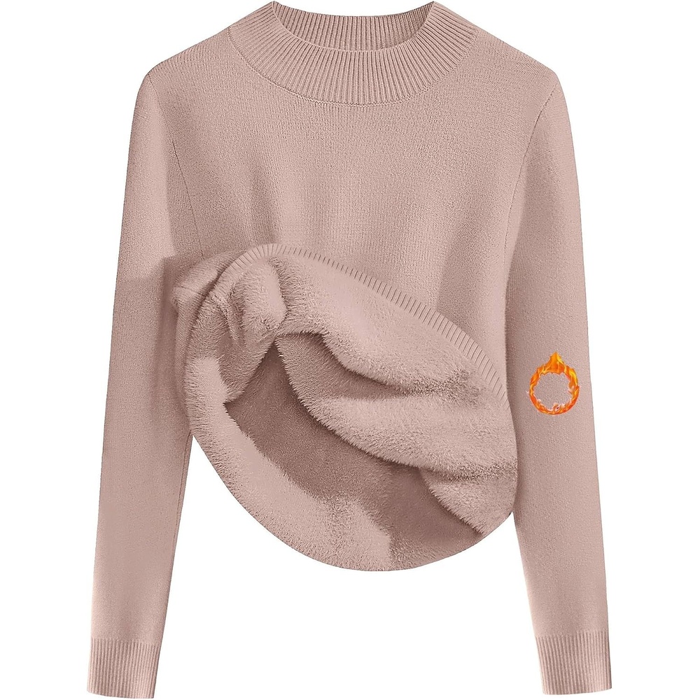 image:imageZeagoo Womens Fleece Sherpa Lined Sweater Mock Neck Long Sleeve Thermal Shirt 2026 Fall Winter Fuzzy Knit Jumper Tops SXXLKhaki
