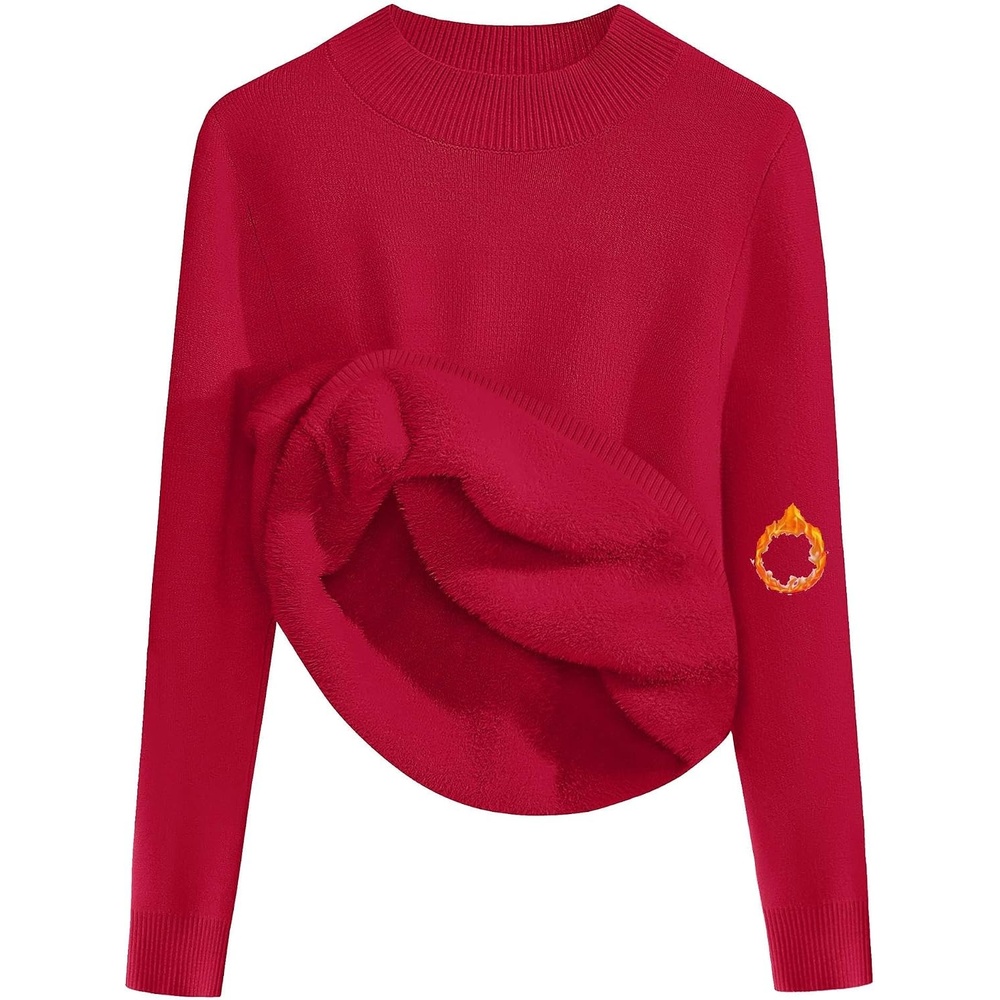 image:imageZeagoo Womens Fleece Sherpa Lined Sweater Mock Neck Long Sleeve Thermal Shirt 2026 Fall Winter Fuzzy Knit Jumper Tops SXXLRed