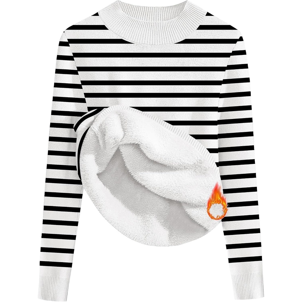 image:imageZeagoo Womens Fleece Sherpa Lined Sweater Mock Neck Long Sleeve Thermal Shirt 2026 Fall Winter Fuzzy Knit Jumper Tops SXXLWhite Black Stripe