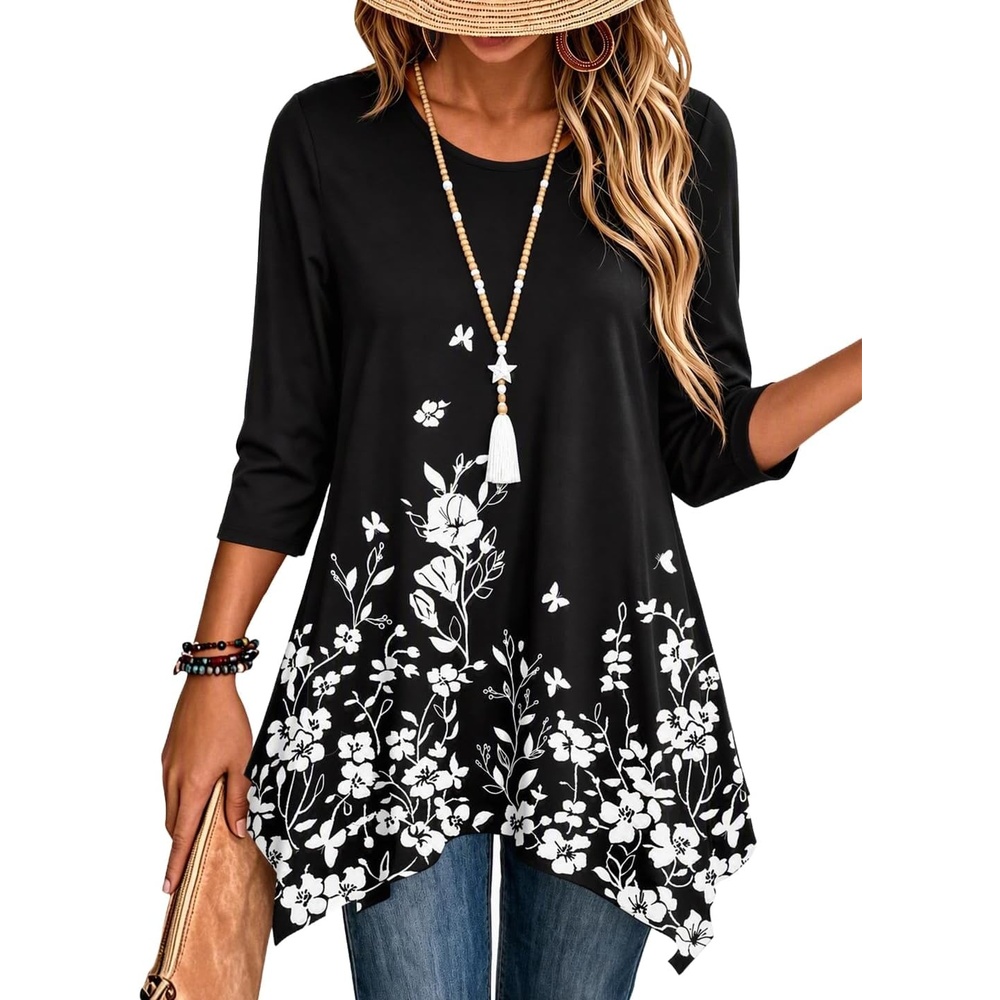 image:imageZeagoo Womens Tops 34 Sleeve loose fit dressy Tunics Plus Size Boho ShirtsBlack White Floral