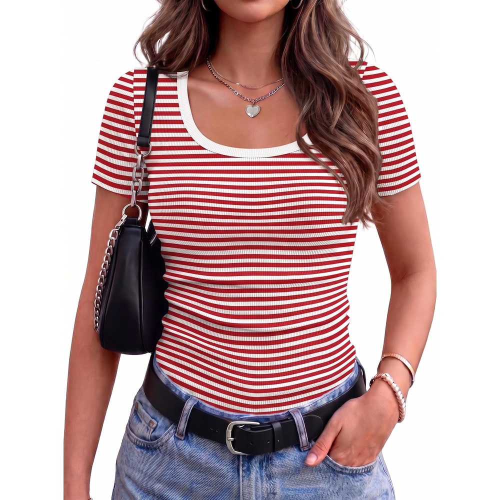 image:imageZeagoo Womens Tops Short Sleeve Rib Knit Basic Tee Scoop Neck Fitted ShirtRed White Stripe