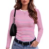 Zeagoo Women Long Sleeve Shirts Ribbed Tops Crewneck Basic Tee(Hot Pink Stripe)