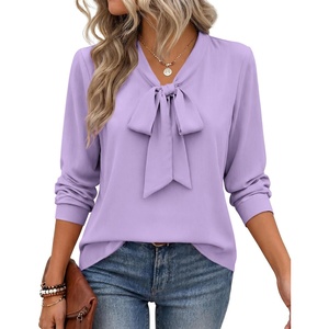 Zeagoo Blouses for Women Bow Tie Neck Chiffon Long Sleeve Shirt Work Tops(Lilac)