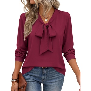 Zeagoo Blouses for Women Bow Tie Neck Chiffon Long Sleeve Shirt Work Tops(Wine Red)