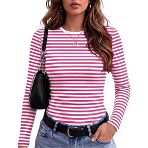 Zeagoo Women Long Sleeve Shirts Ribbed Tops Crewneck Basic Tee(Hot Pink Stripe)