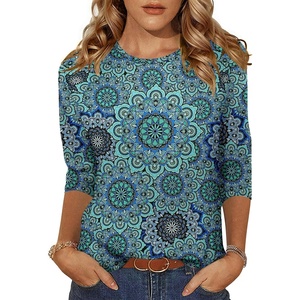Zeagoo Women’s Casual 3/4 Sleeve T-Shirts Round Neck Tunic Tops Work Blouse(Blue Print-mz858)