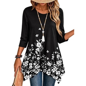 Zeagoo Womens Tops 3/4 Sleeve loose fit dressy Tunics Plus Size Boho Shirts(Black White Floral)