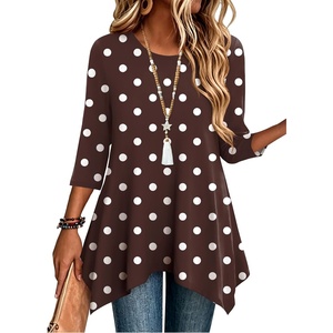 Zeagoo Womens Tops 3/4 Sleeve loose fit dressy Tunics Plus Size Boho Shirts(Brown Polka Dot-jh725)