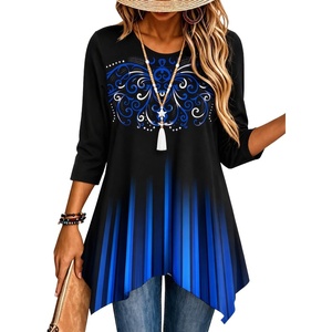 Zeagoo Womens Tops 3/4 Sleeve loose fit dressy Tunics Plus Size Boho Shirts(Royal Blue Boho-jb229)