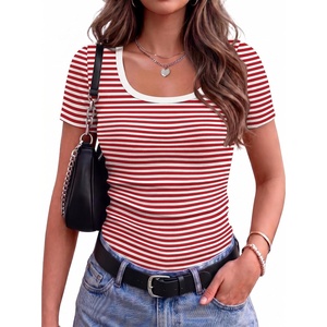 Zeagoo Womens Tops Short Sleeve Rib Knit Basic Tee Scoop Neck Fitted Shirt(Red White Stripe)