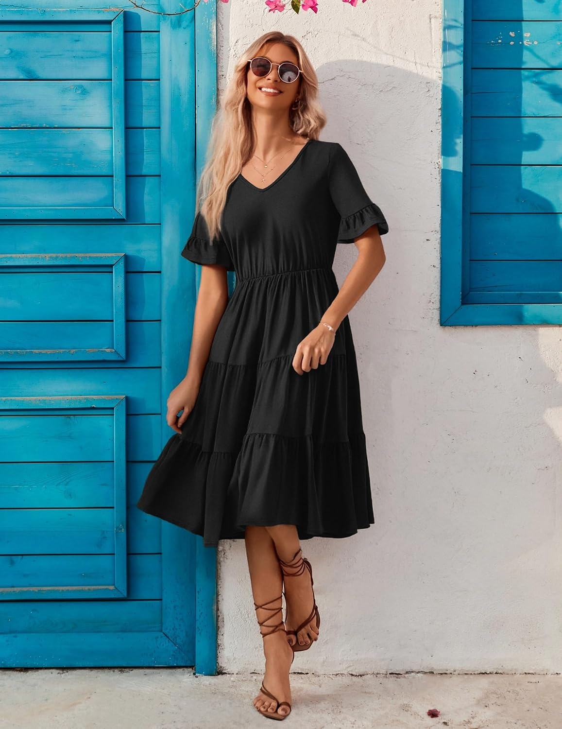 image:imageZEAGOO Womens Summer Dresses Midi Tiered Casual Dress Floral V Neck Ruffle Short Sleeve Flowy Beach Dress with PocketsBlack