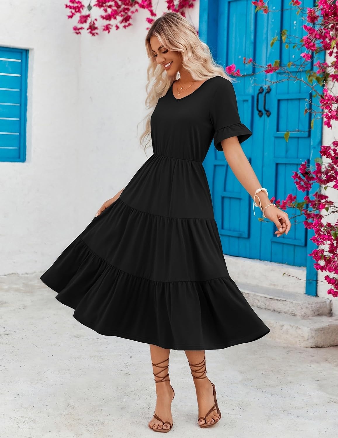 image:imageZEAGOO Womens Summer Dresses Midi Tiered Casual Dress Floral V Neck Ruffle Short Sleeve Flowy Beach Dress with PocketsBlack
