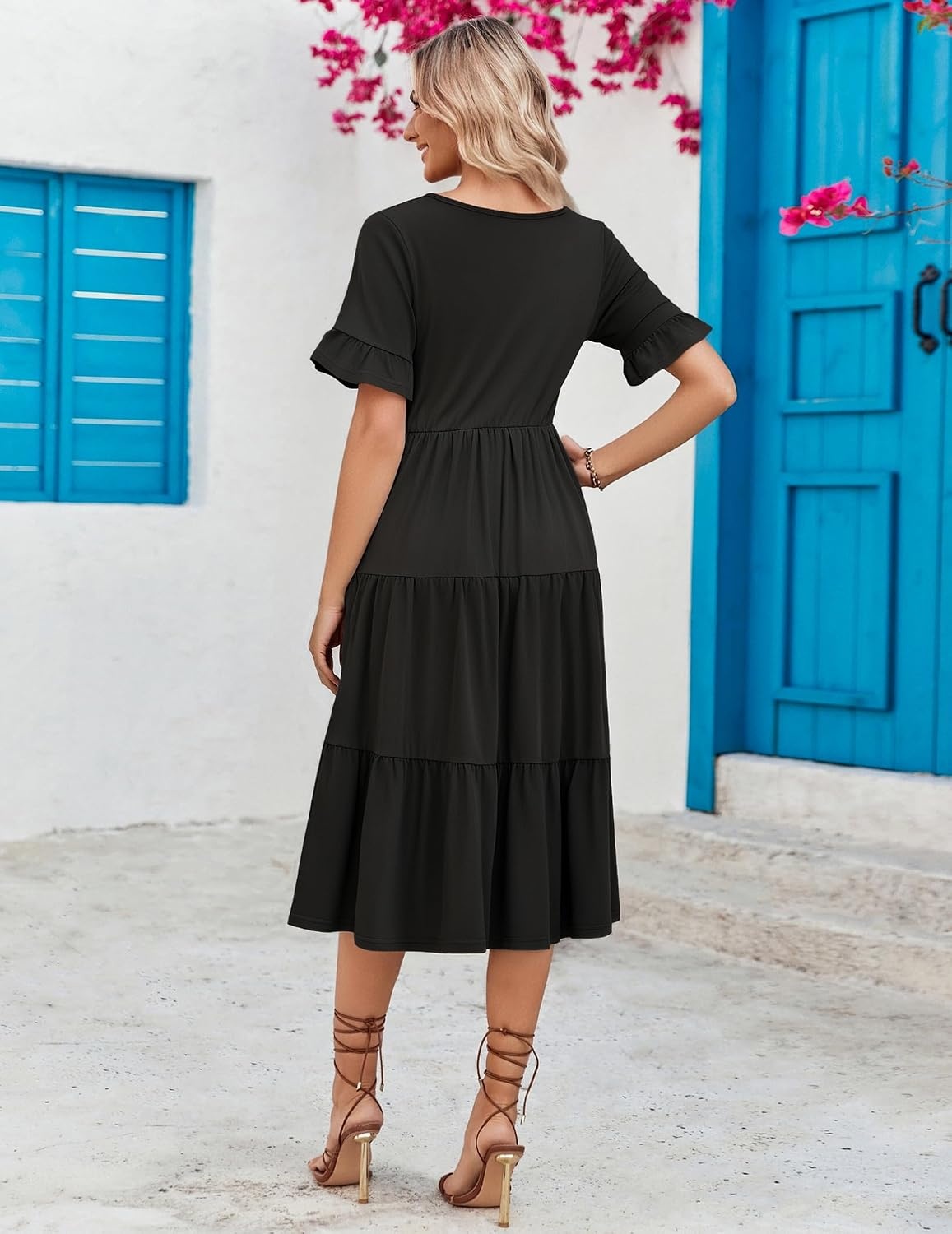 image:imageZEAGOO Womens Summer Dresses Midi Tiered Casual Dress Floral V Neck Ruffle Short Sleeve Flowy Beach Dress with PocketsBlack