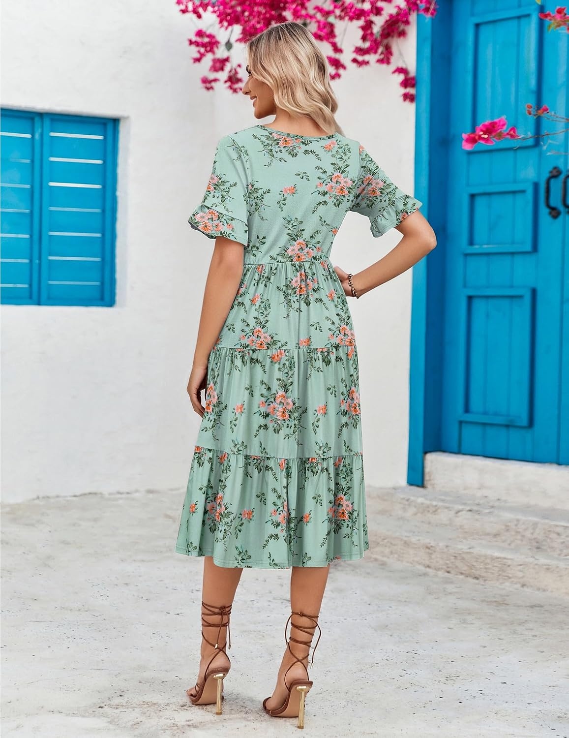 image:imageZEAGOO Womens Summer Dresses Midi Tiered Casual Dress Floral V Neck Ruffle Short Sleeve Flowy Beach Dress with PocketsBlue Floral