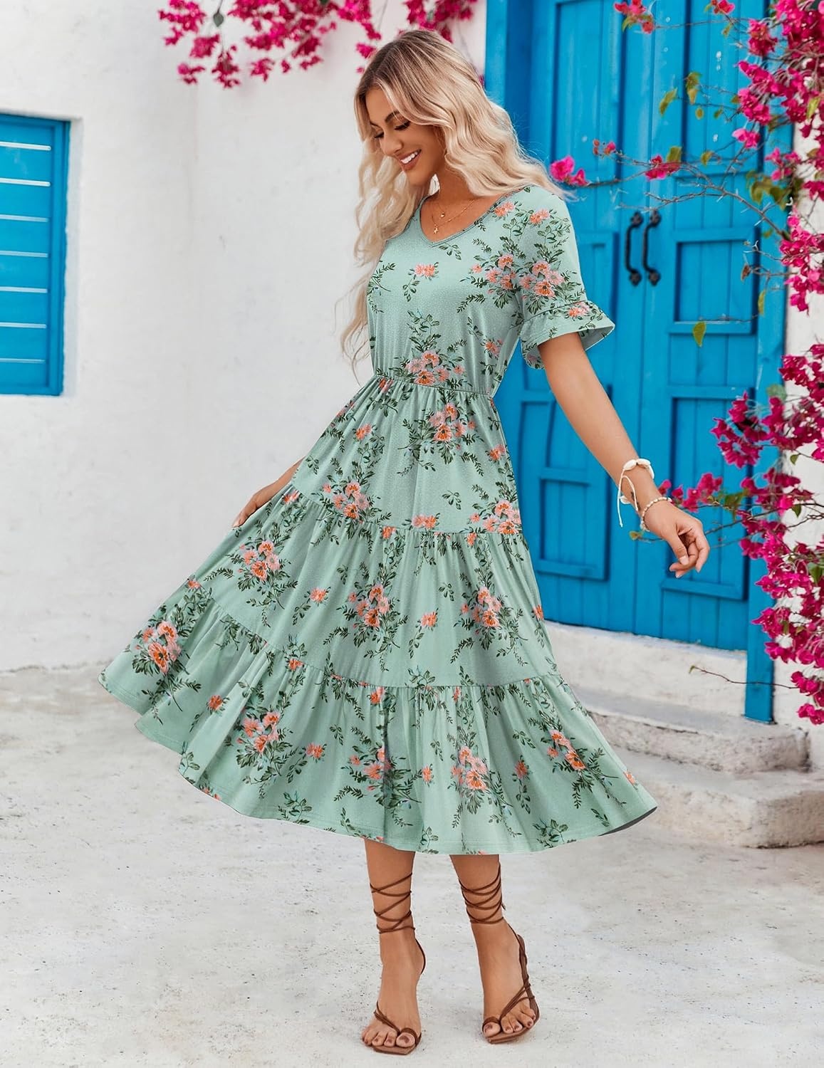 image:imageZEAGOO Womens Summer Dresses Midi Tiered Casual Dress Floral V Neck Ruffle Short Sleeve Flowy Beach Dress with PocketsBlue Floral