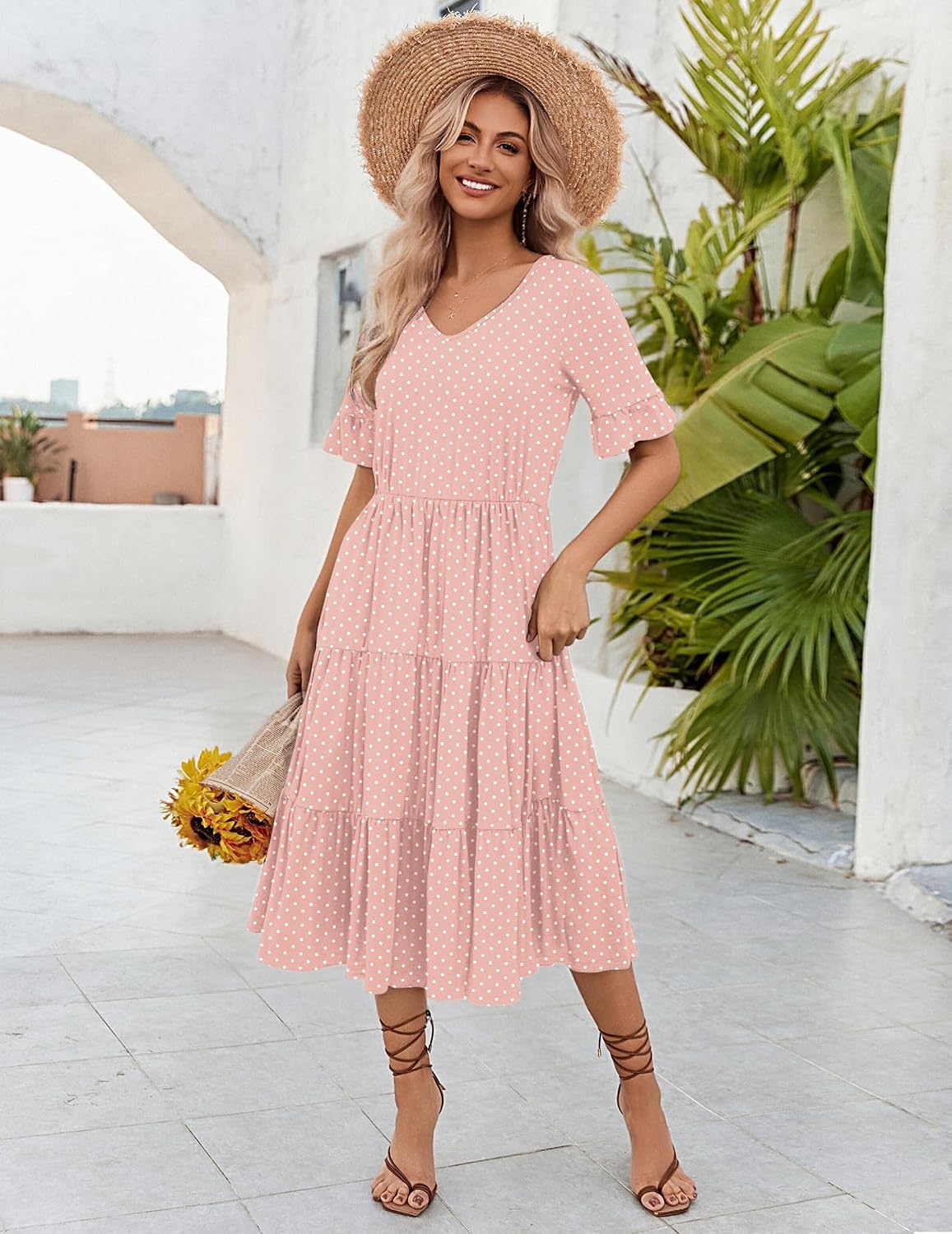image:imageZEAGOO Womens Summer Dresses Midi Tiered Casual Dress Floral V Neck Ruffle Short Sleeve Flowy Beach Dress with PocketsPink Round Dot