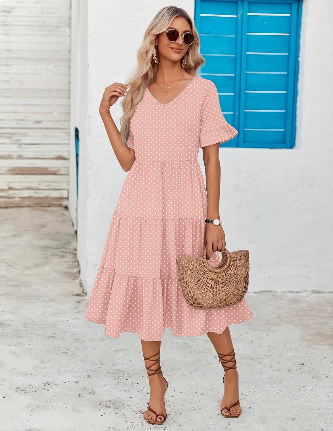 image:imageZEAGOO Womens Summer Dresses Midi Tiered Casual Dress Floral V Neck Ruffle Short Sleeve Flowy Beach Dress with PocketsPink Round Dot