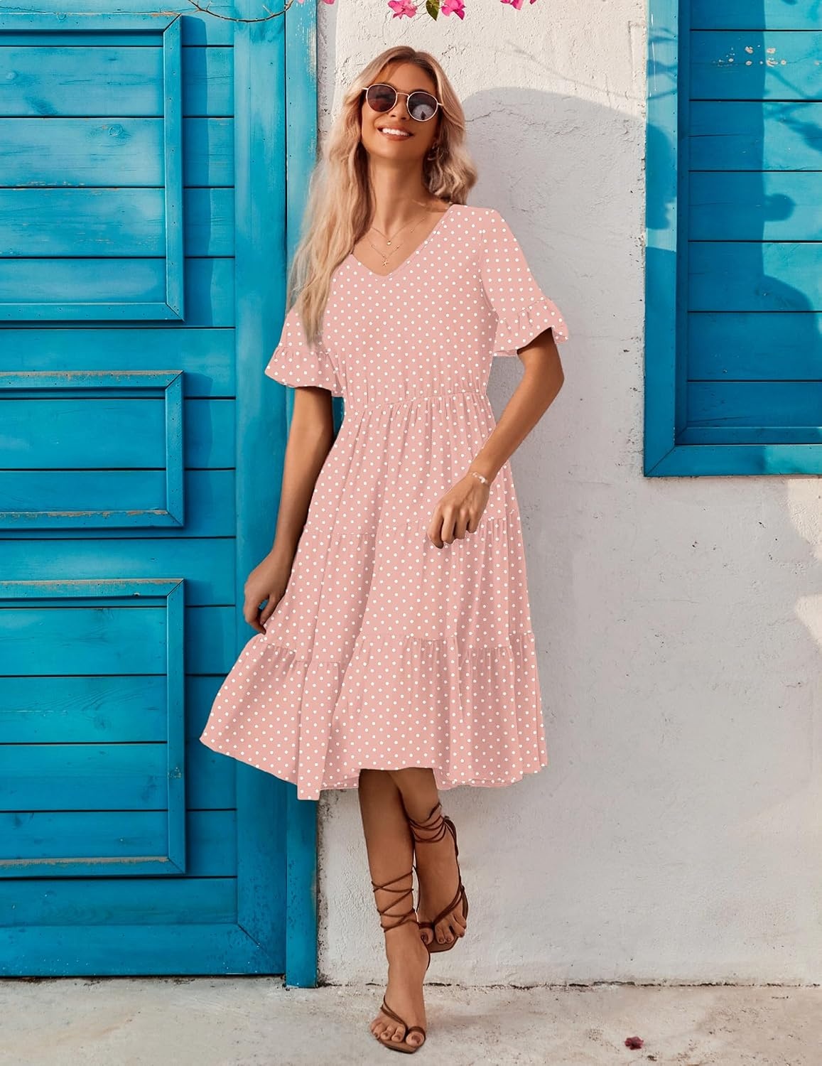 image:imageZEAGOO Womens Summer Dresses Midi Tiered Casual Dress Floral V Neck Ruffle Short Sleeve Flowy Beach Dress with PocketsPink Round Dot