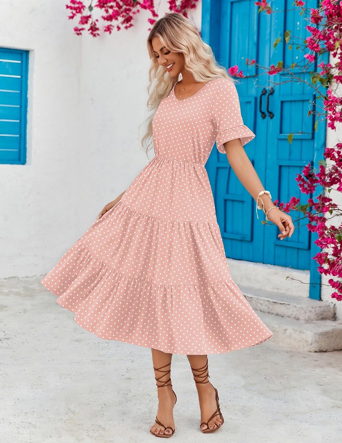 image:imageZEAGOO Womens Summer Dresses Midi Tiered Casual Dress Floral V Neck Ruffle Short Sleeve Flowy Beach Dress with PocketsPink Round Dot