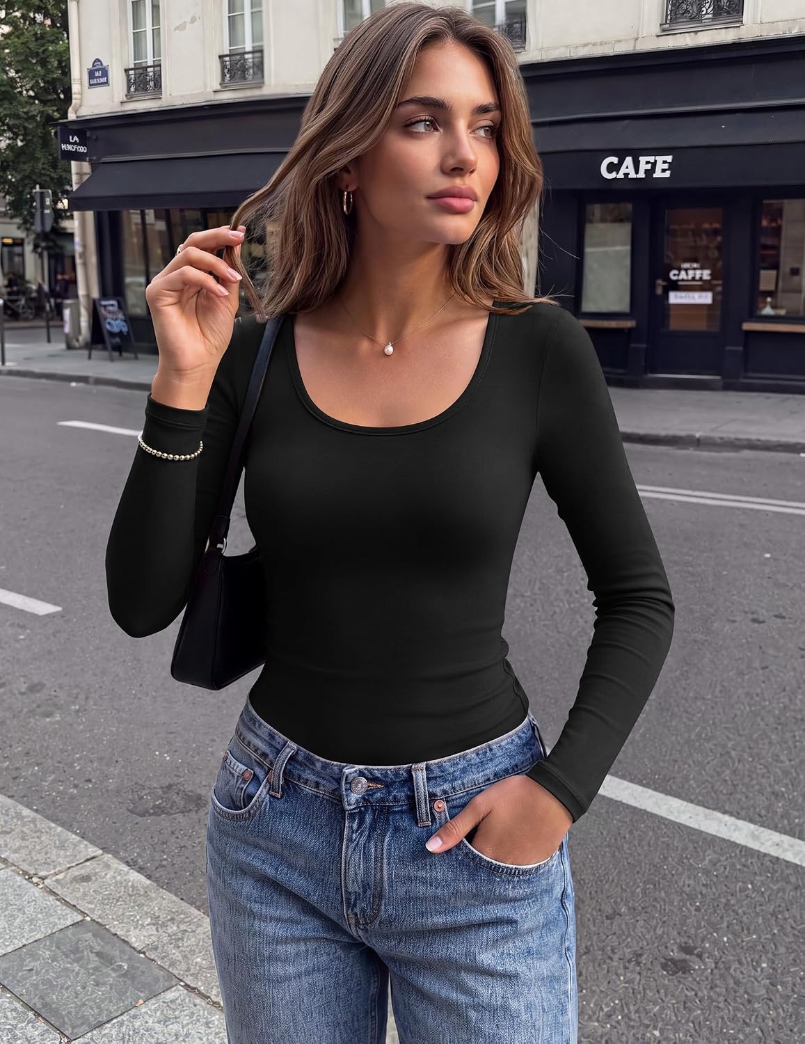 image:imageZeagoo Long Sleeve Shirts for Women Square Neck Slim Fit Top Fall Basic Tee1black