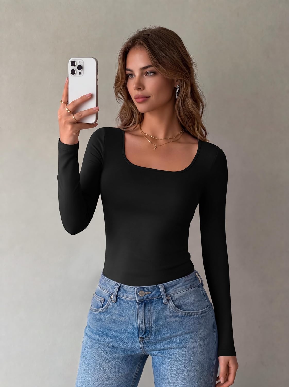 image:imageZeagoo Long Sleeve Shirts for Women Square Neck Slim Fit Top Fall Basic Tee1black