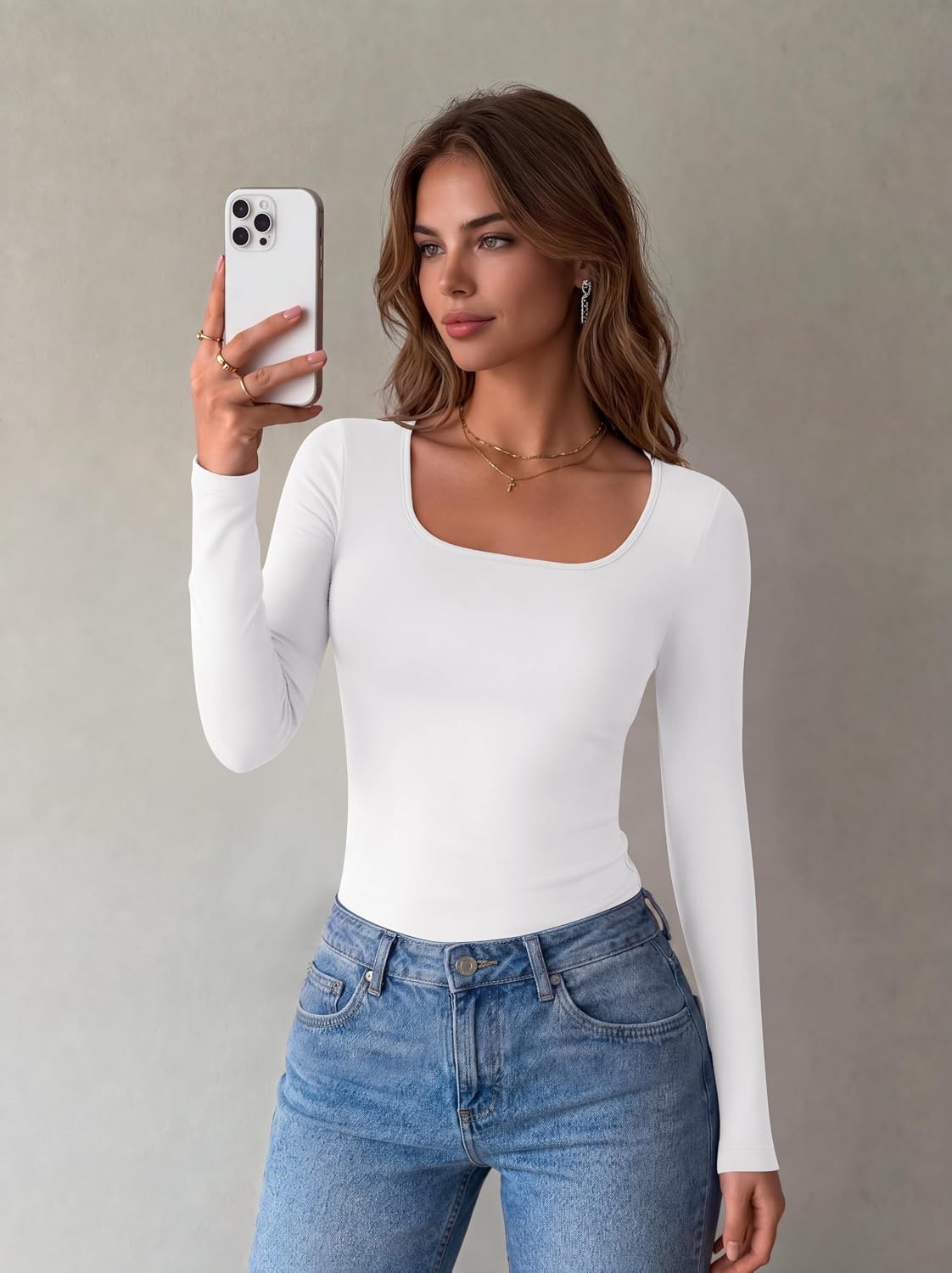 image:imageZeagoo Long Sleeve Shirts for Women Square Neck Slim Fit Top Fall Basic Tee1white