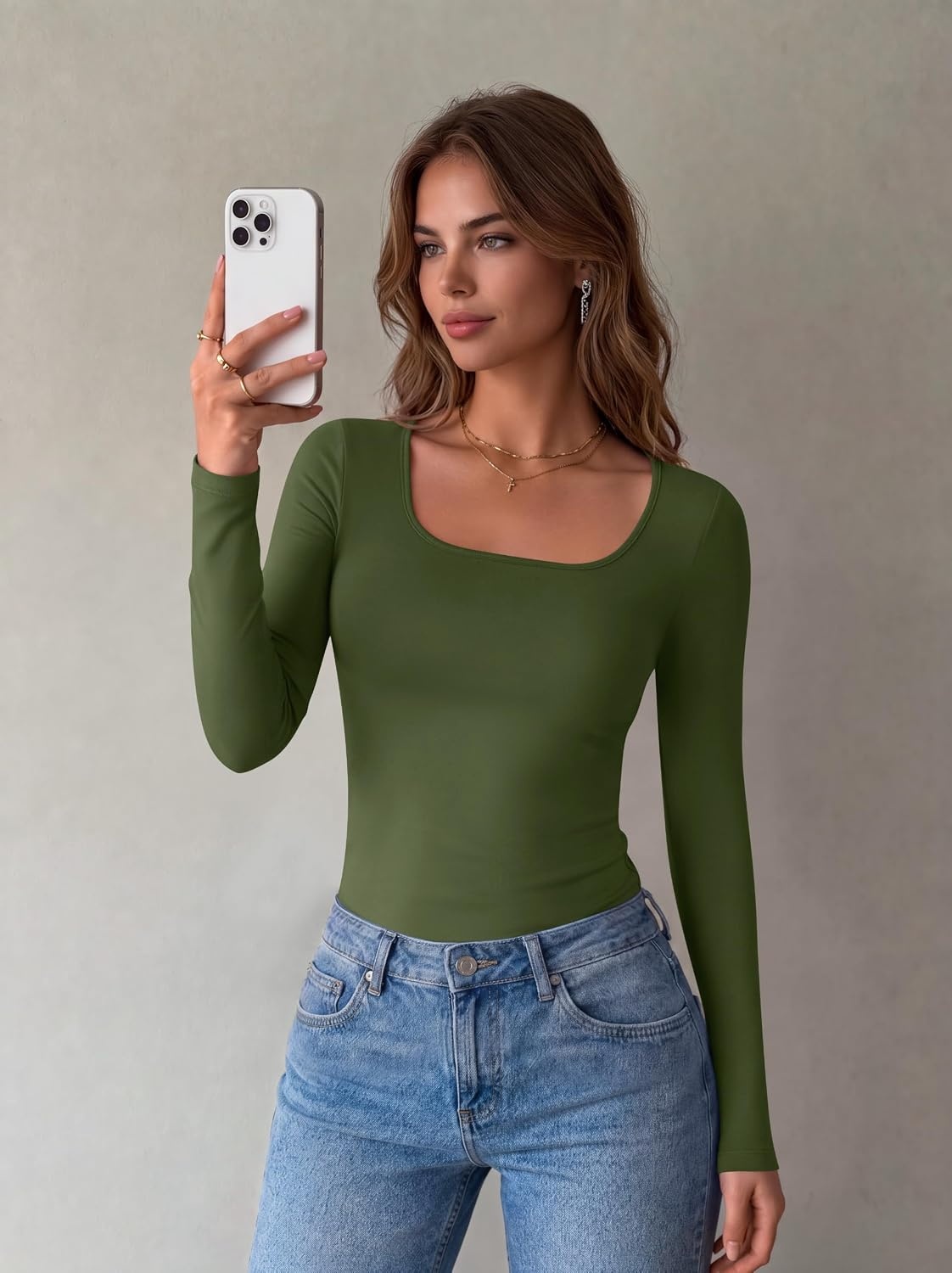 image:imageZeagoo Long Sleeve Shirts for Women Square Neck Slim Fit Top Fall Basic TeeArmy Green