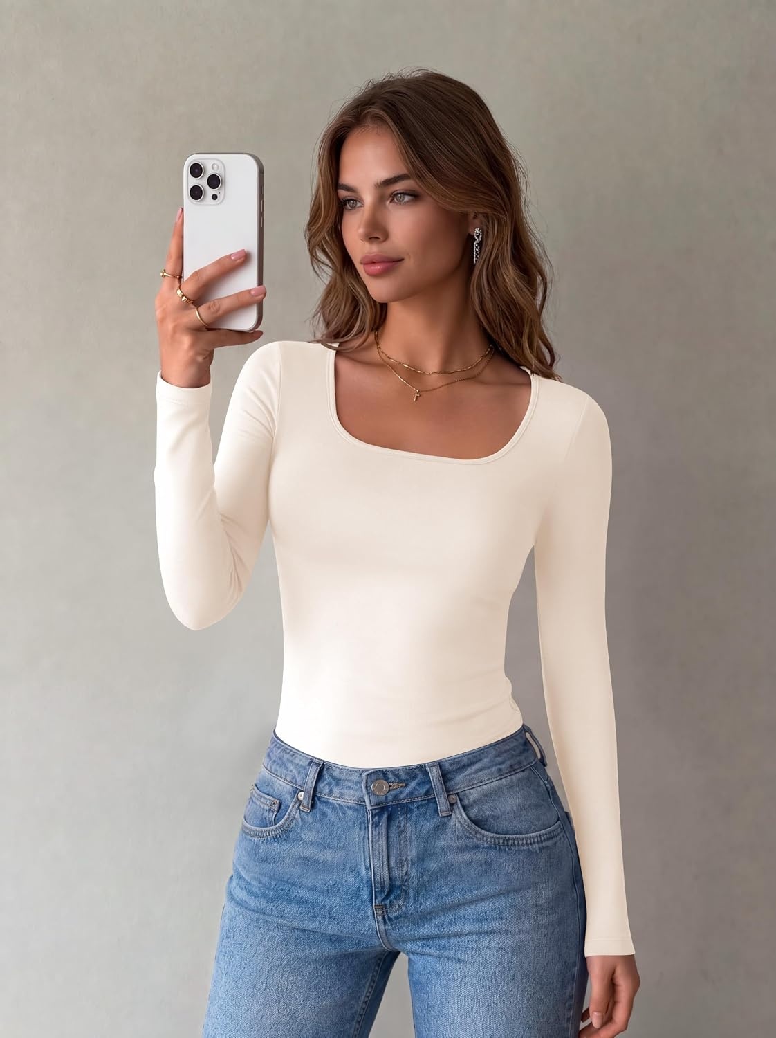 image:imageZeagoo Long Sleeve Shirts for Women Square Neck Slim Fit Top Fall Basic TeeBeige