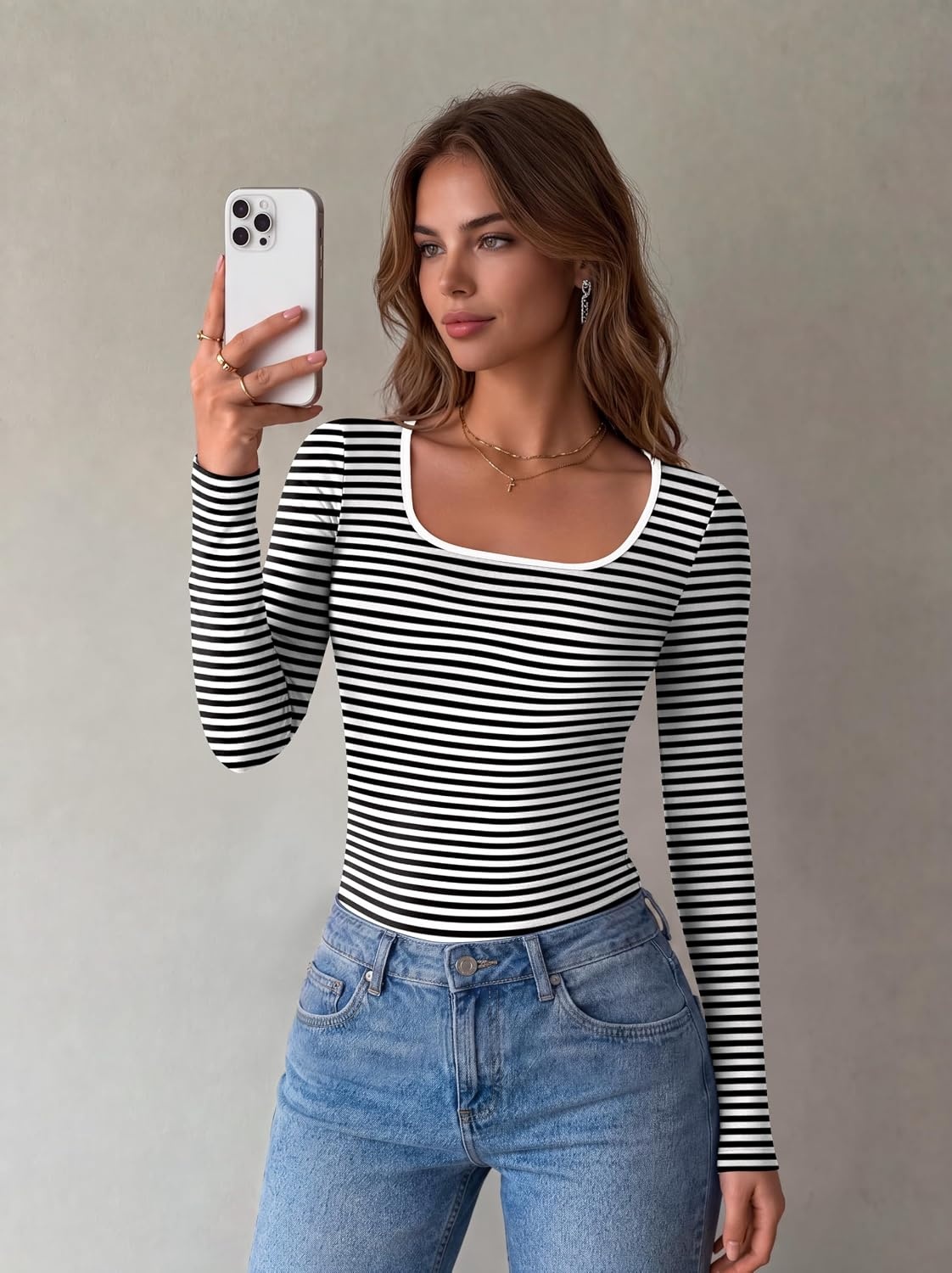 image:imageZeagoo Long Sleeve Shirts for Women Square Neck Slim Fit Top Fall Basic TeeBlack White Stripes