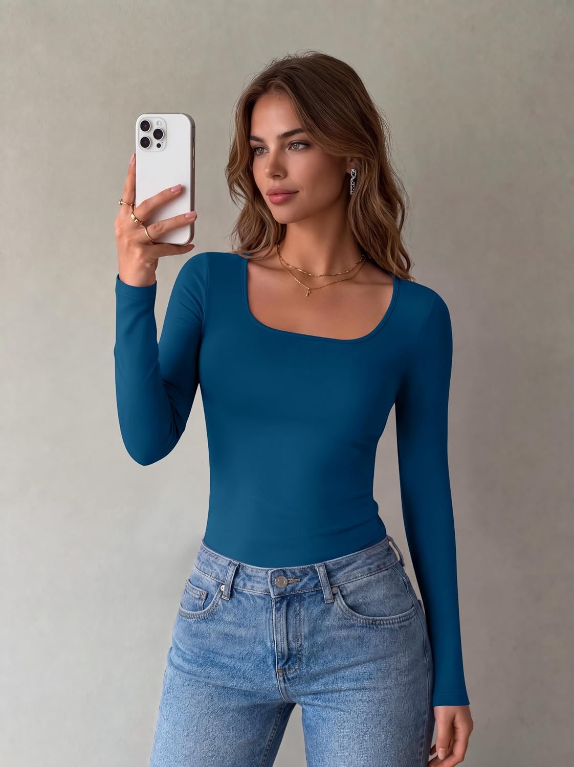 image:imageZeagoo Long Sleeve Shirts for Women Square Neck Slim Fit Top Fall Basic TeeBlue