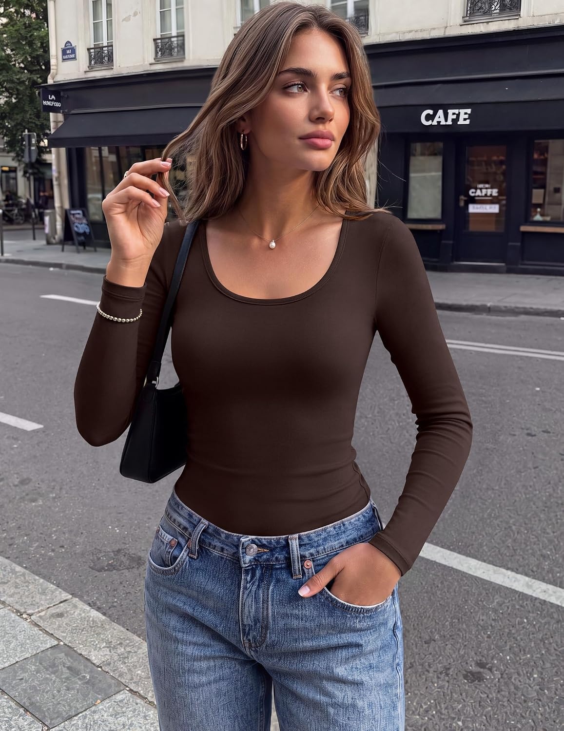 image:imageZeagoo Long Sleeve Shirts for Women Square Neck Slim Fit Top Fall Basic TeeBrown