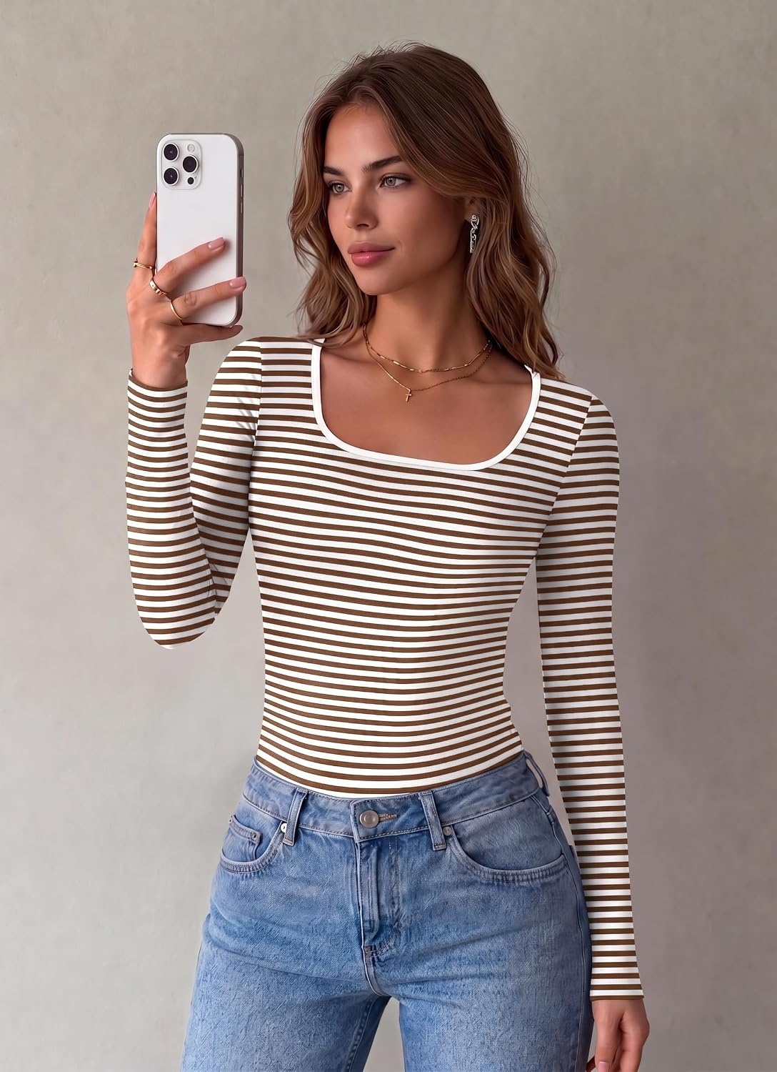 image:imageZeagoo Long Sleeve Shirts for Women Square Neck Slim Fit Top Fall Basic TeeBrown White Stripes