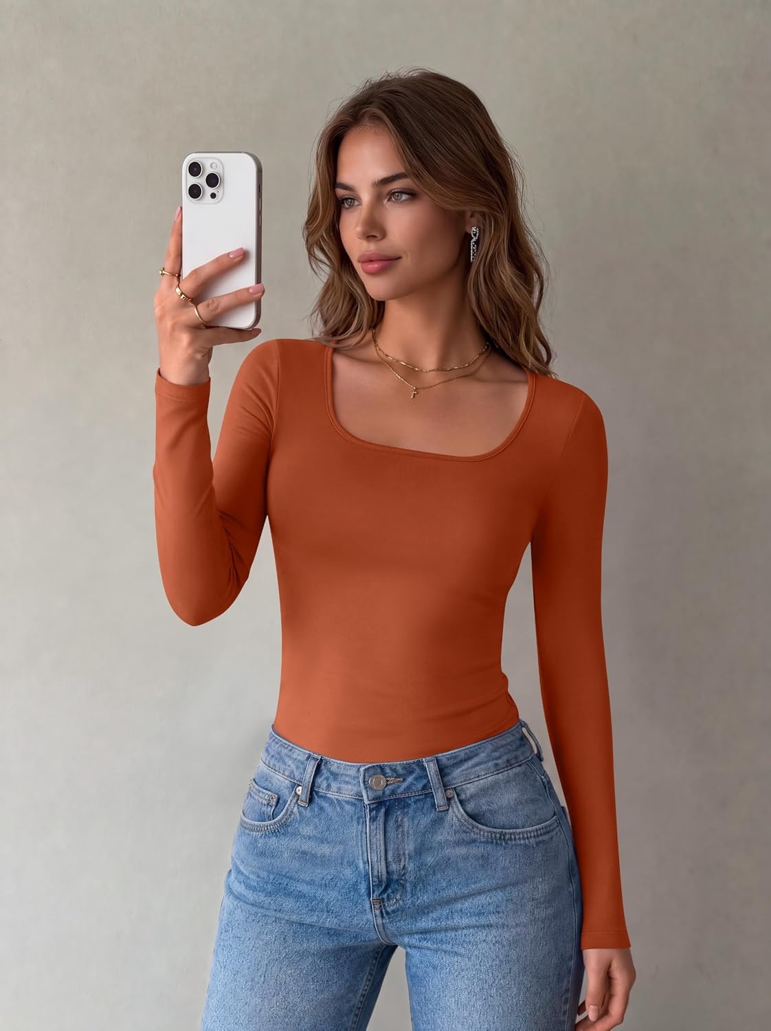 image:imageZeagoo Long Sleeve Shirts for Women Square Neck Slim Fit Top Fall Basic TeeCaramel