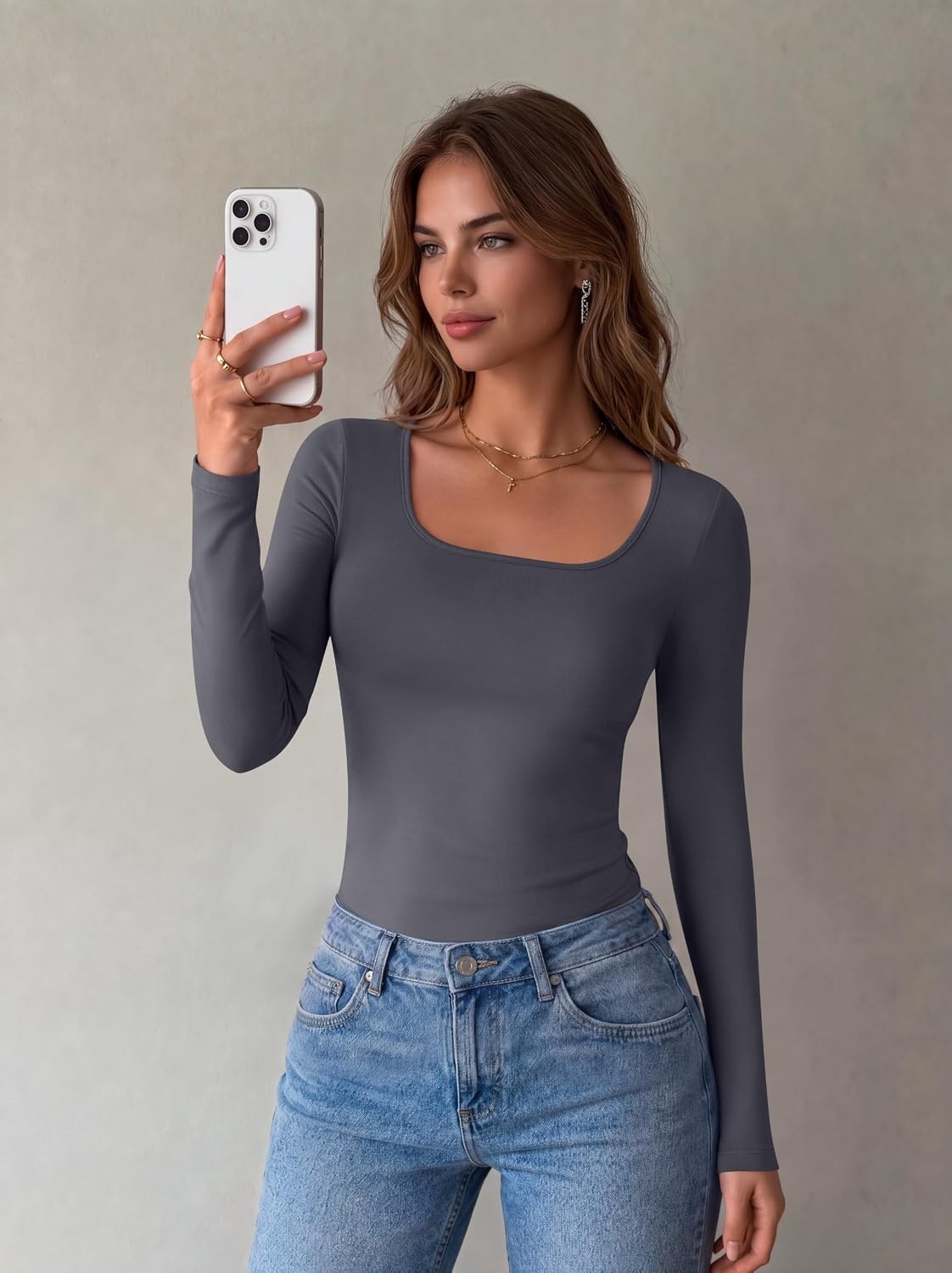 image:imageZeagoo Long Sleeve Shirts for Women Square Neck Slim Fit Top Fall Basic TeeDark Grey