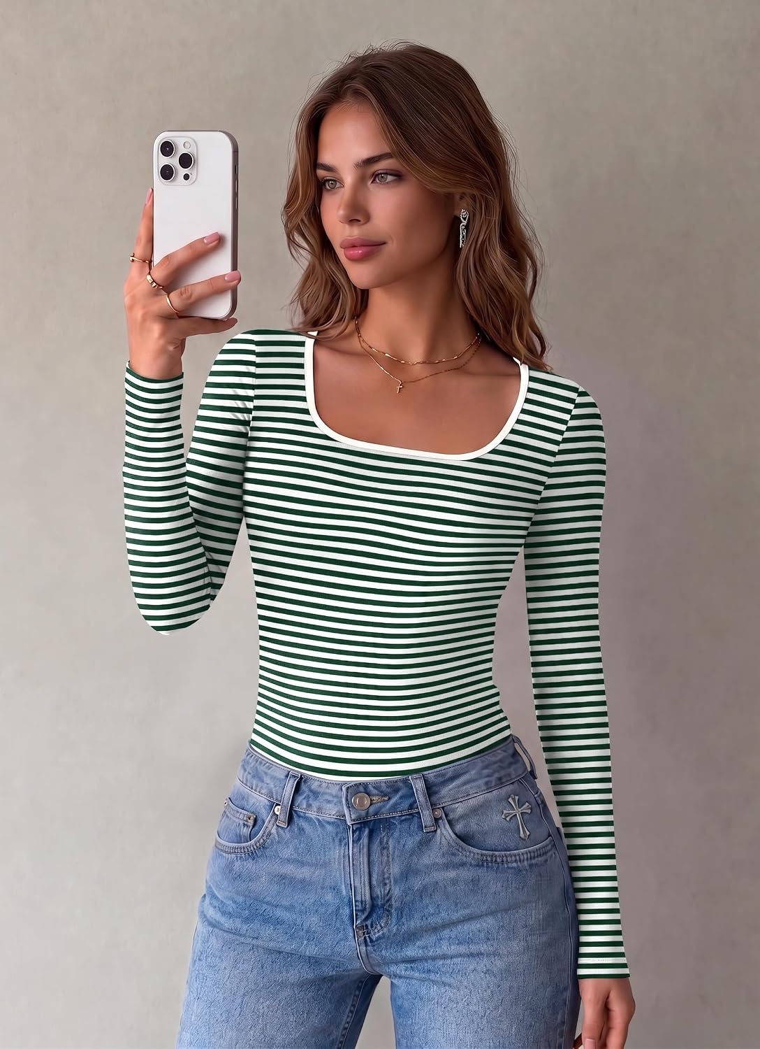 image:imageZeagoo Long Sleeve Shirts for Women Square Neck Slim Fit Top Fall Basic TeeGreen White Stripes