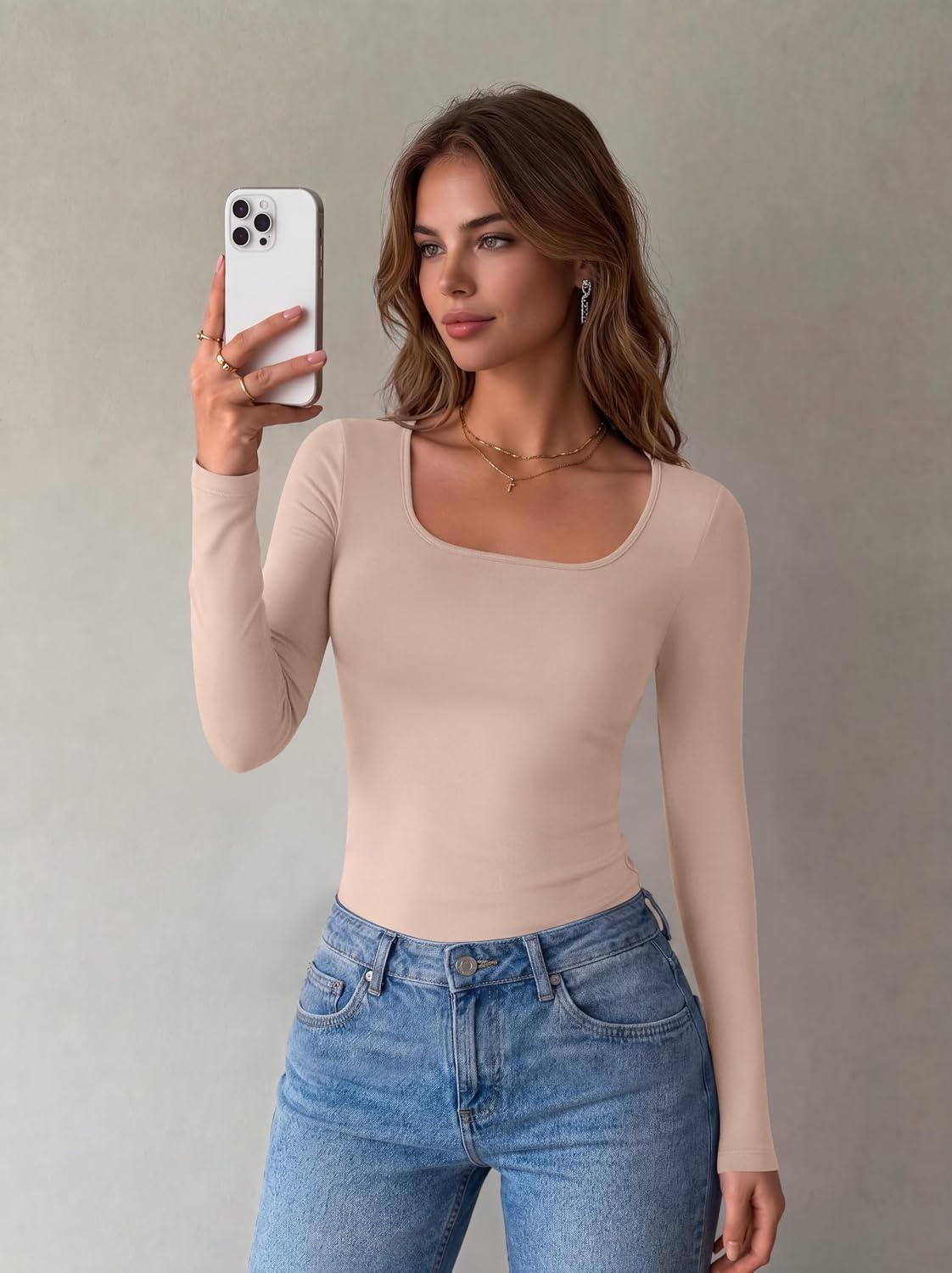 image:imageZeagoo Long Sleeve Shirts for Women Square Neck Slim Fit Top Fall Basic TeeKhaki
