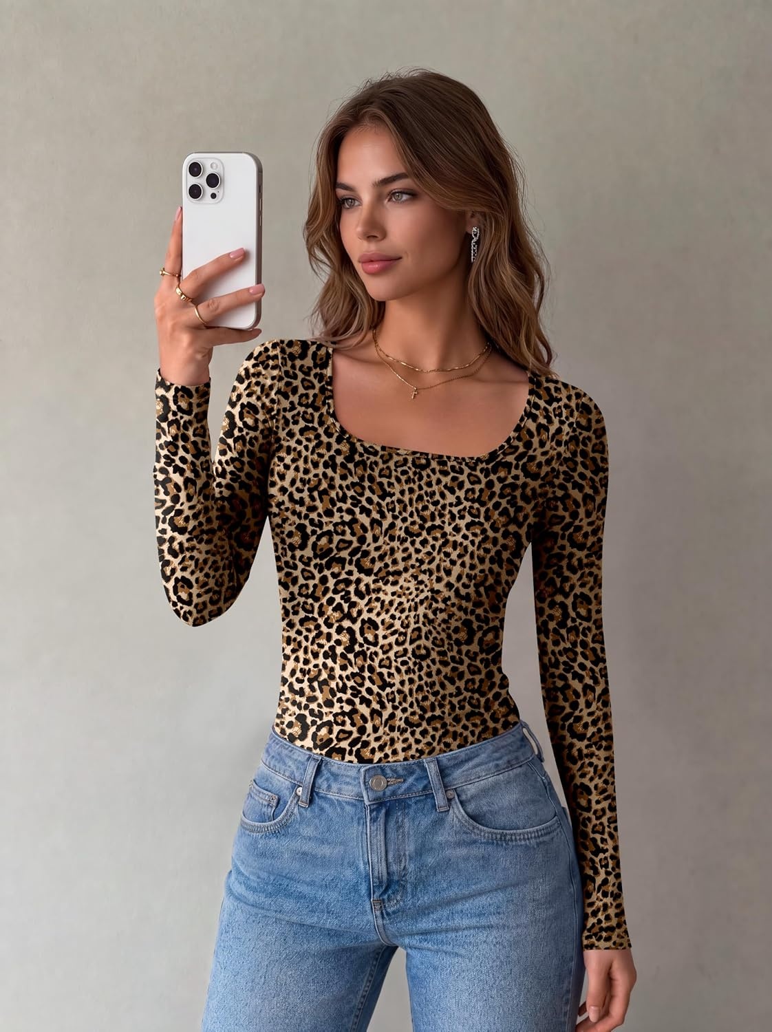 image:imageZeagoo Long Sleeve Shirts for Women Square Neck Slim Fit Top Fall Basic TeeLeopard Brown
