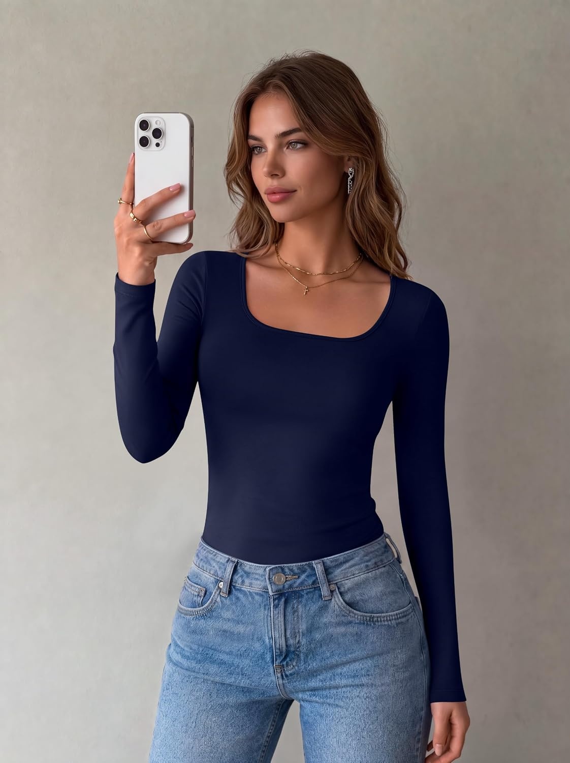 image:imageZeagoo Long Sleeve Shirts for Women Square Neck Slim Fit Top Fall Basic TeeNavy Blue
