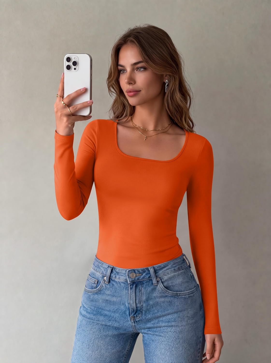 image:imageZeagoo Long Sleeve Shirts for Women Square Neck Slim Fit Top Fall Basic TeeOrange