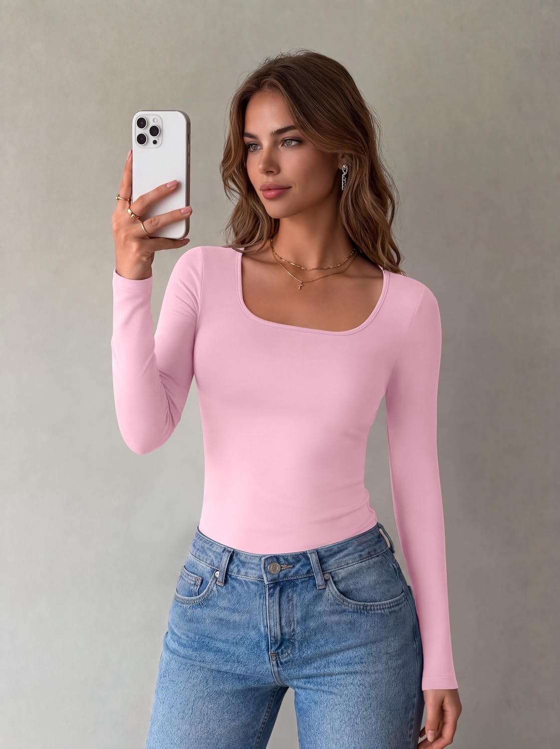 image:imageZeagoo Long Sleeve Shirts for Women Square Neck Slim Fit Top Fall Basic TeePink