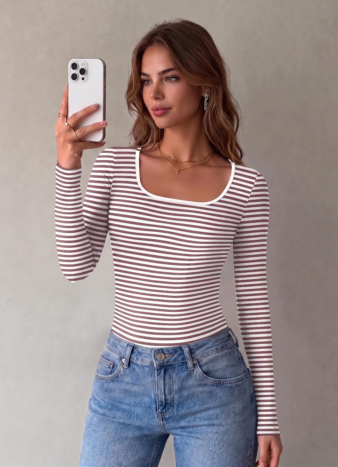 image:imageZeagoo Long Sleeve Shirts for Women Square Neck Slim Fit Top Fall Basic TeePink White Stripes