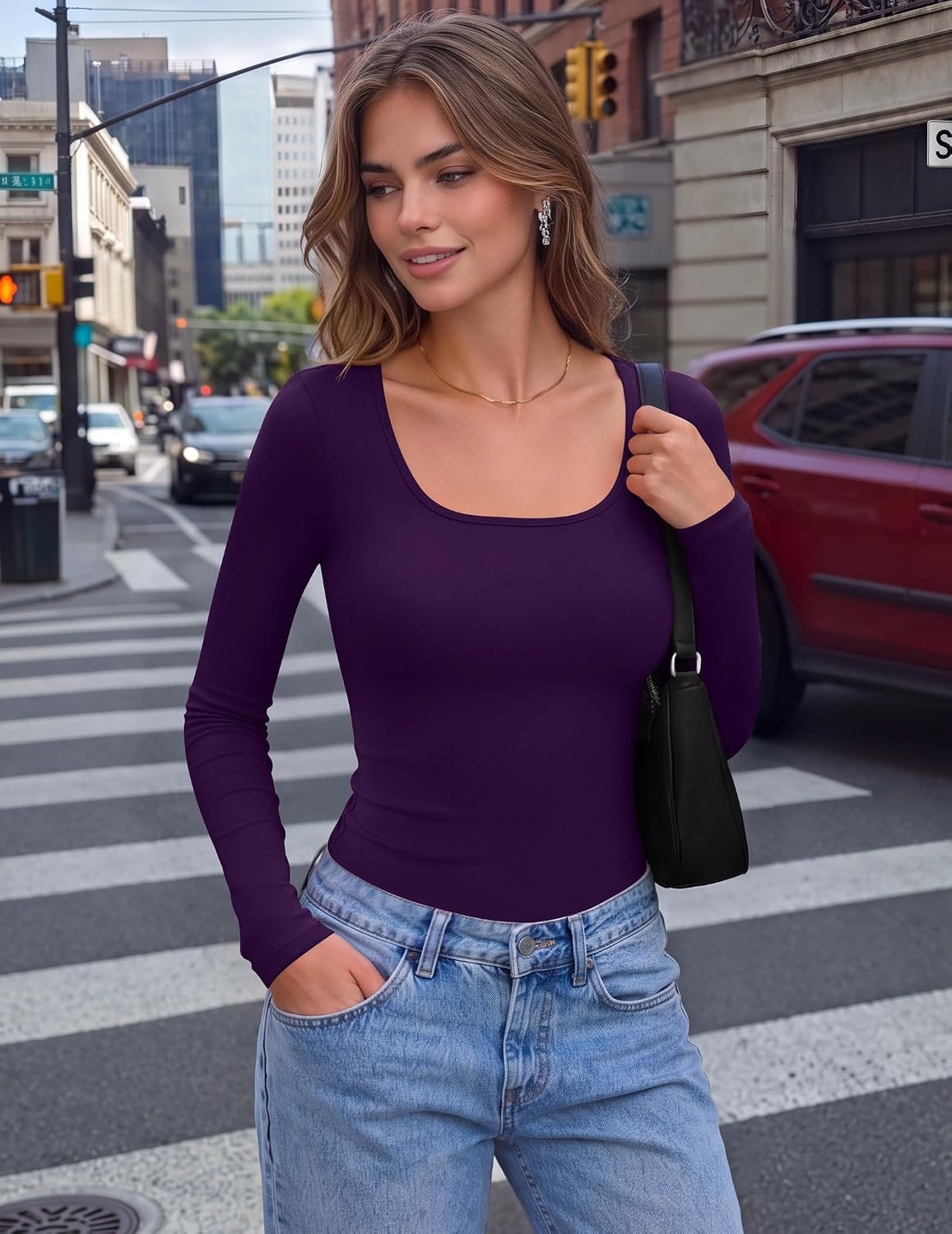 image:imageZeagoo Long Sleeve Shirts for Women Square Neck Slim Fit Top Fall Basic TeePurple