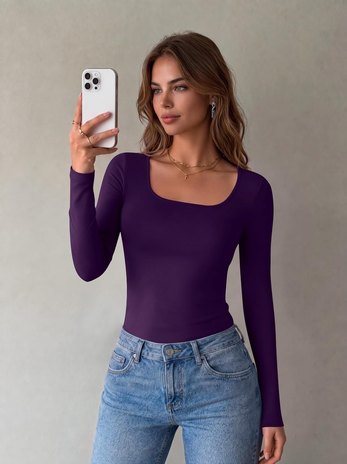 image:imageZeagoo Long Sleeve Shirts for Women Square Neck Slim Fit Top Fall Basic TeePurple