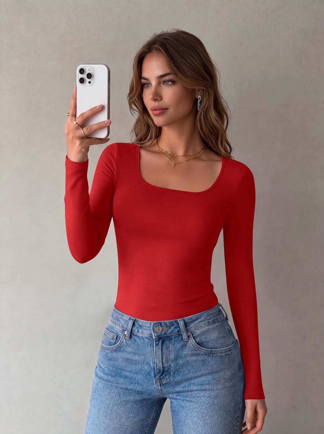 image:imageZeagoo Long Sleeve Shirts for Women Square Neck Slim Fit Top Fall Basic TeeRed