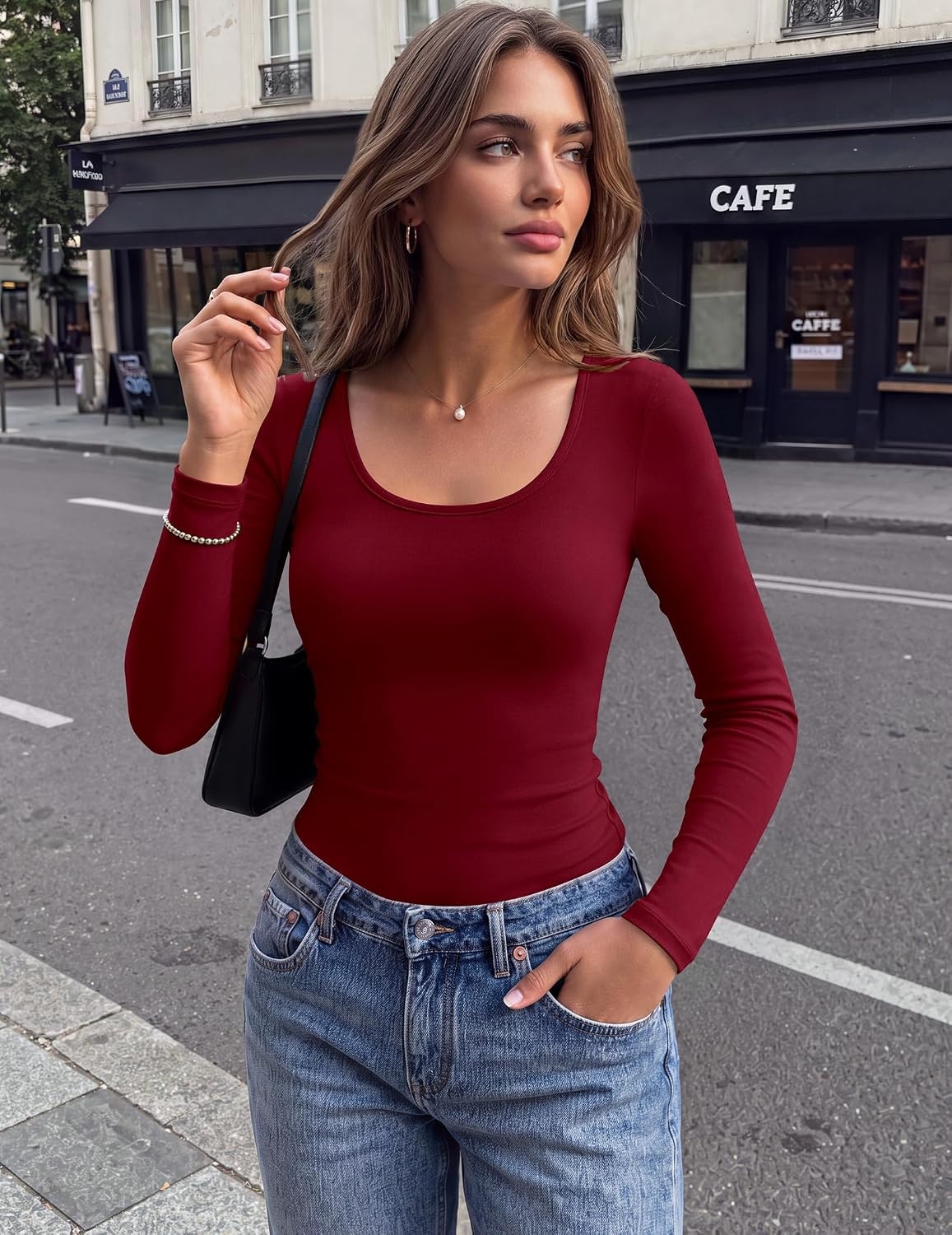 image:imageZeagoo Long Sleeve Shirts for Women Square Neck Slim Fit Top Fall Basic TeeWine Red