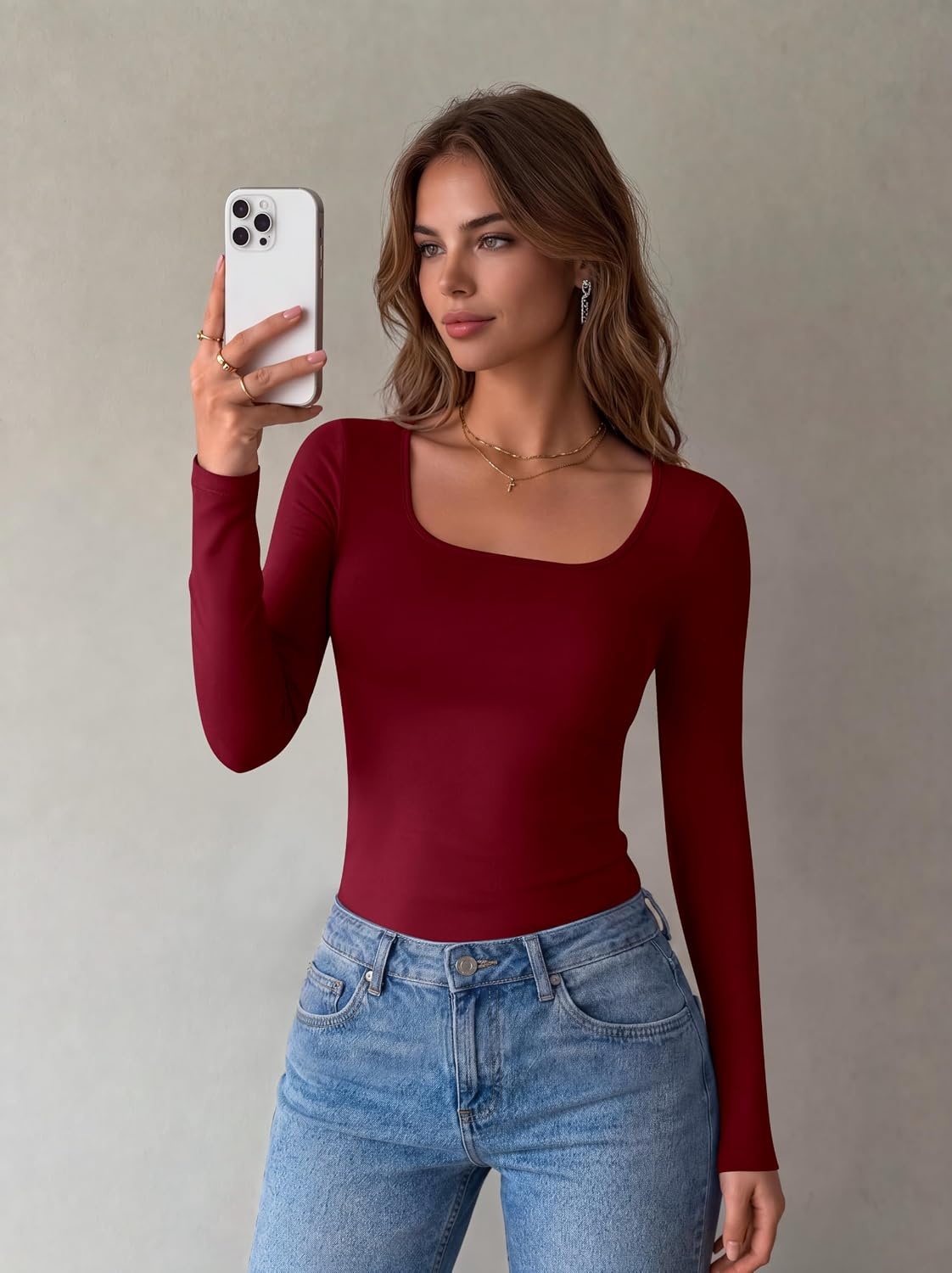 image:imageZeagoo Long Sleeve Shirts for Women Square Neck Slim Fit Top Fall Basic TeeWine Red
