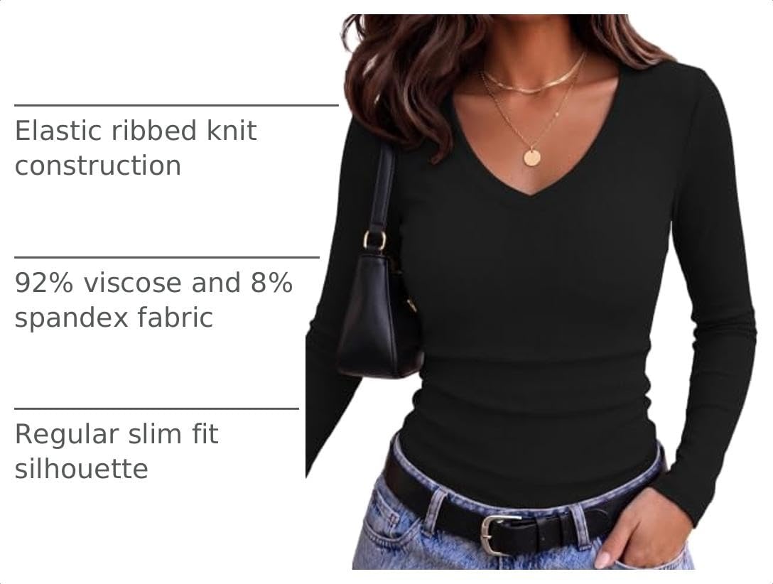 image:imageZeagoo Long Sleeve Shirts for Women V Neck Tops Ribbed Slim Fit Basic TeeBlack