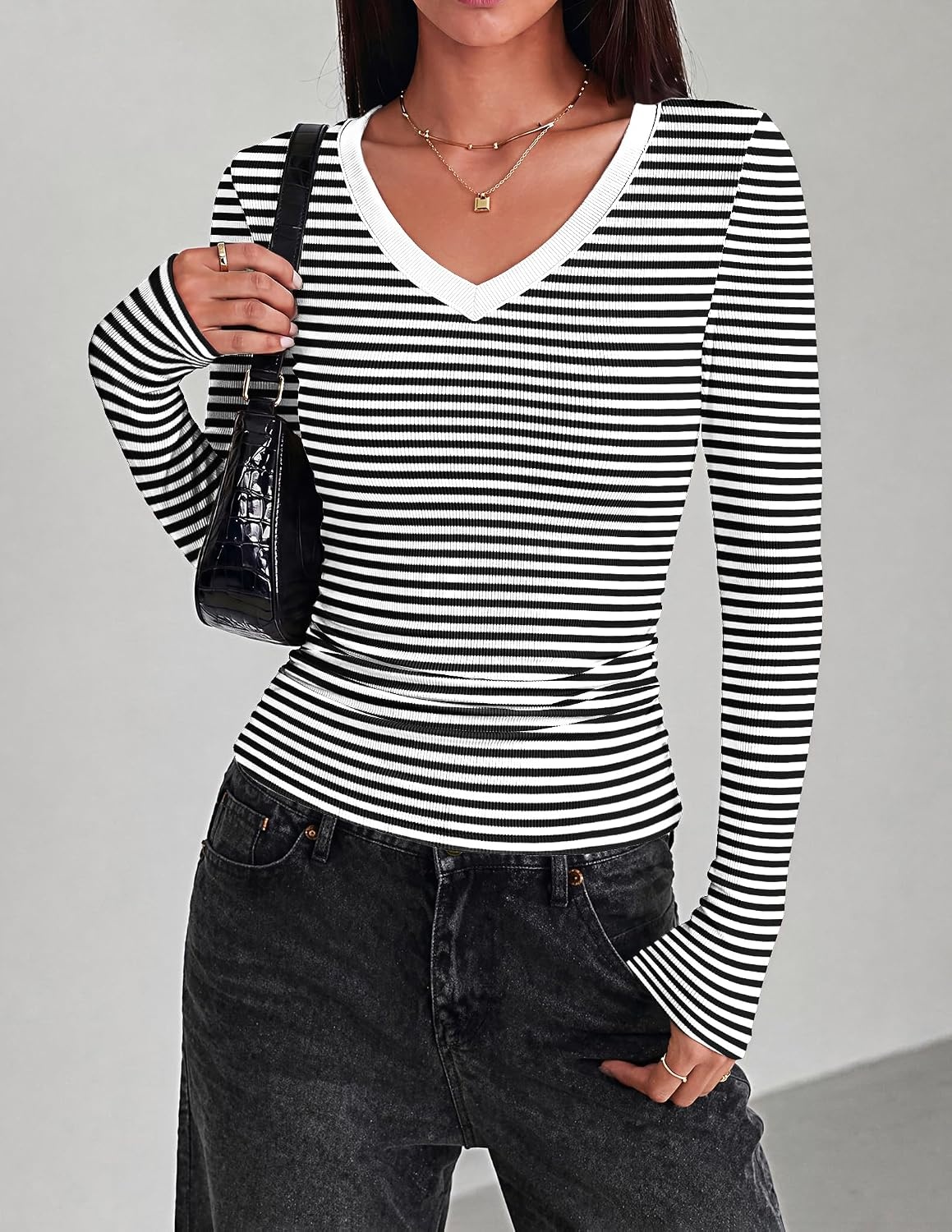 image:imageZeagoo Long Sleeve Shirts for Women V Neck Tops Ribbed Slim Fit Basic TeeBlack White Stripe