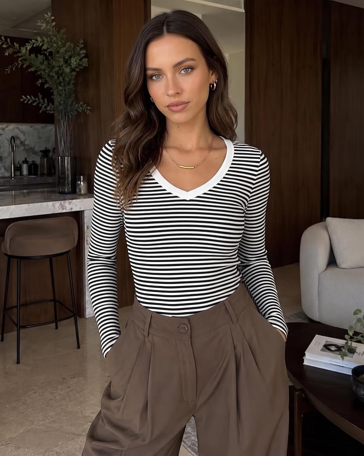image:imageZeagoo Long Sleeve Shirts for Women V Neck Tops Ribbed Slim Fit Basic TeeBlack White Stripe